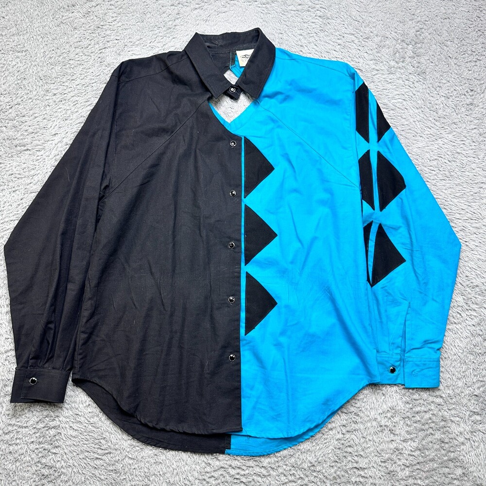 Vintage 90s Pearl Snap Keyhole Collar Shirt Women L Blue Color Block Mis Buttons